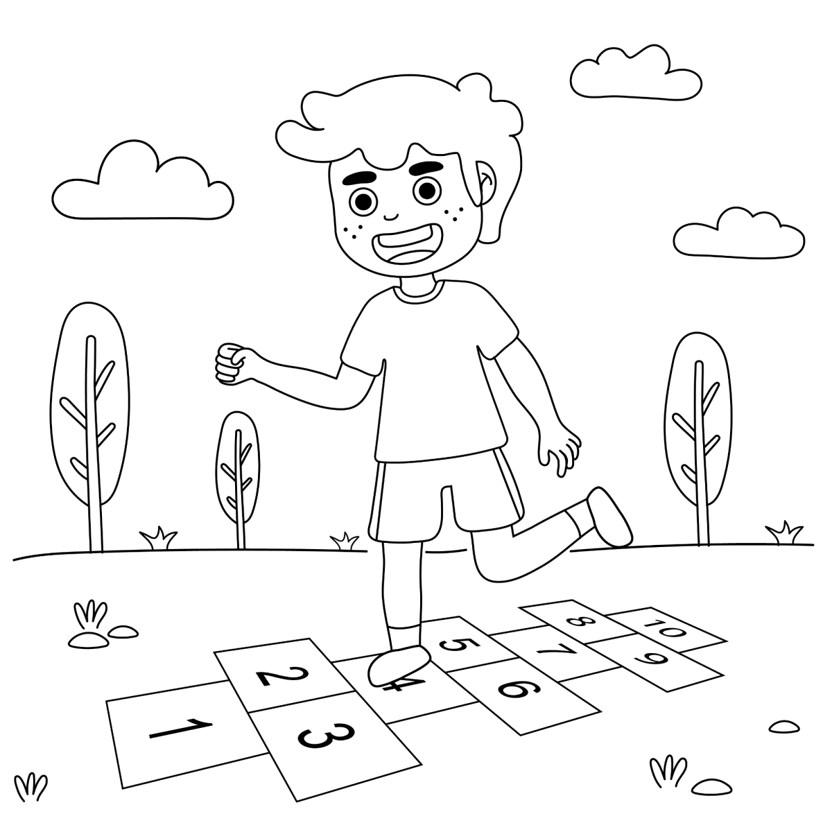 Desenho de Menino saltando na amarelinha do parque para imprimir e colorir