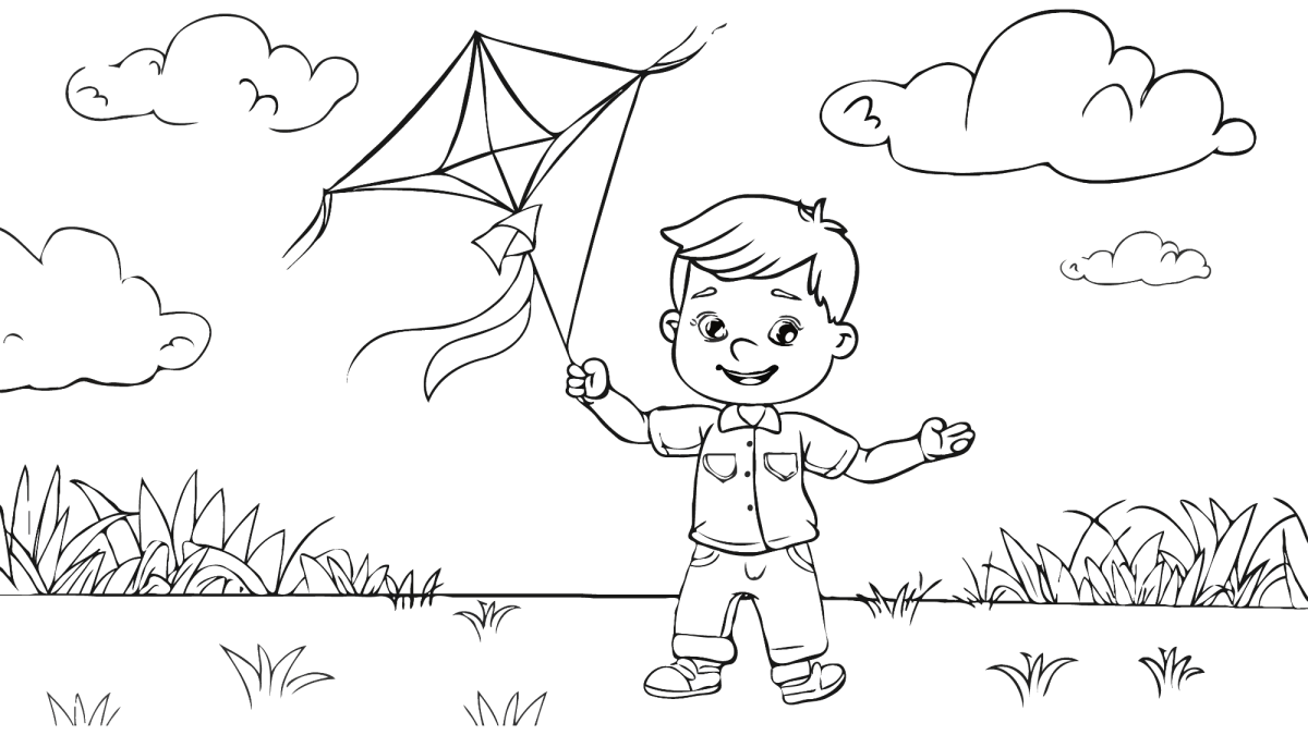 Desenho de Menino soltando pipa no campo para imprimir e colorir