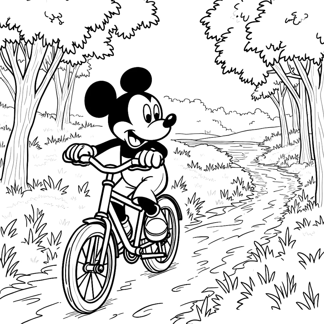 Desenho de Mickey andando de bicicleta para imprimir e colorir