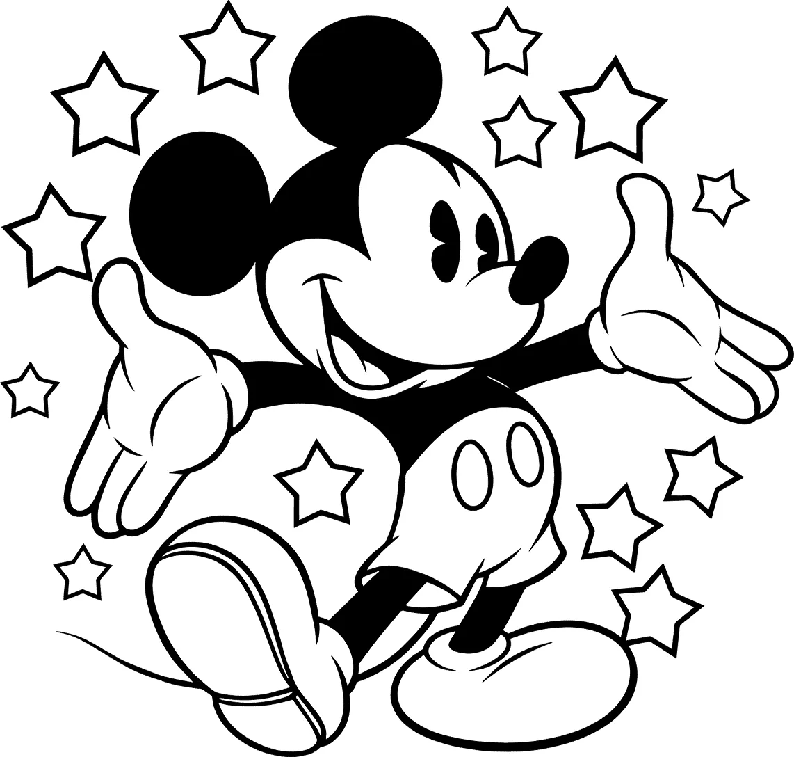 Desenho de Mickey brincando entre estrelas para imprimir e colorir