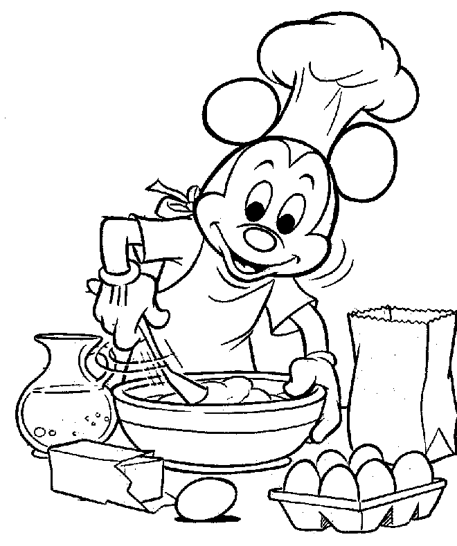 Desenho de Mickey cozinhando com chapéu de chef para imprimir e colorir