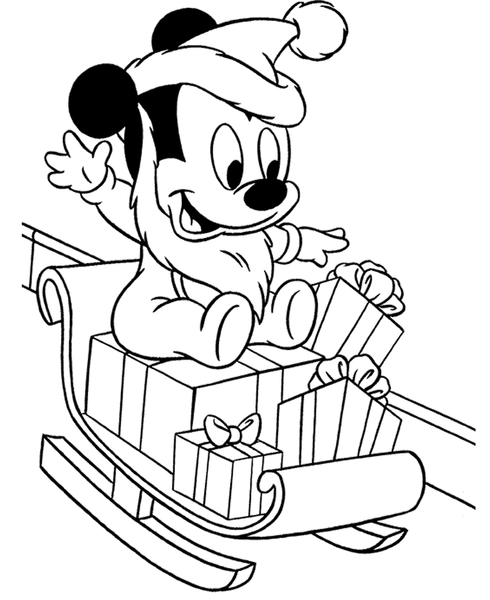 Desenho de Mickey descendo de trenó na neve para imprimir e colorir