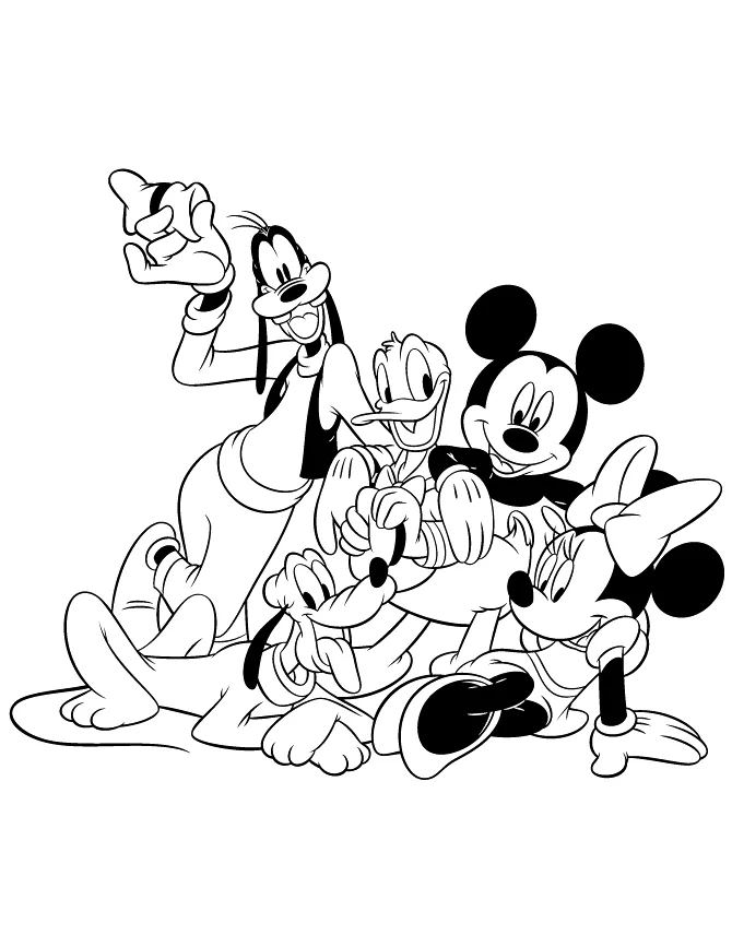 Desenho de Mickey e a turma toda reunida para imprimir e colorir