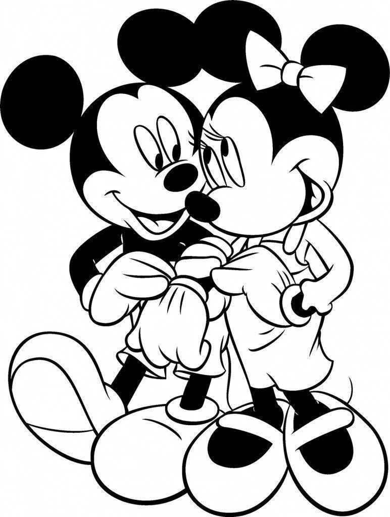 Desenho de Mickey e Minnie abraçados para imprimir e colorir