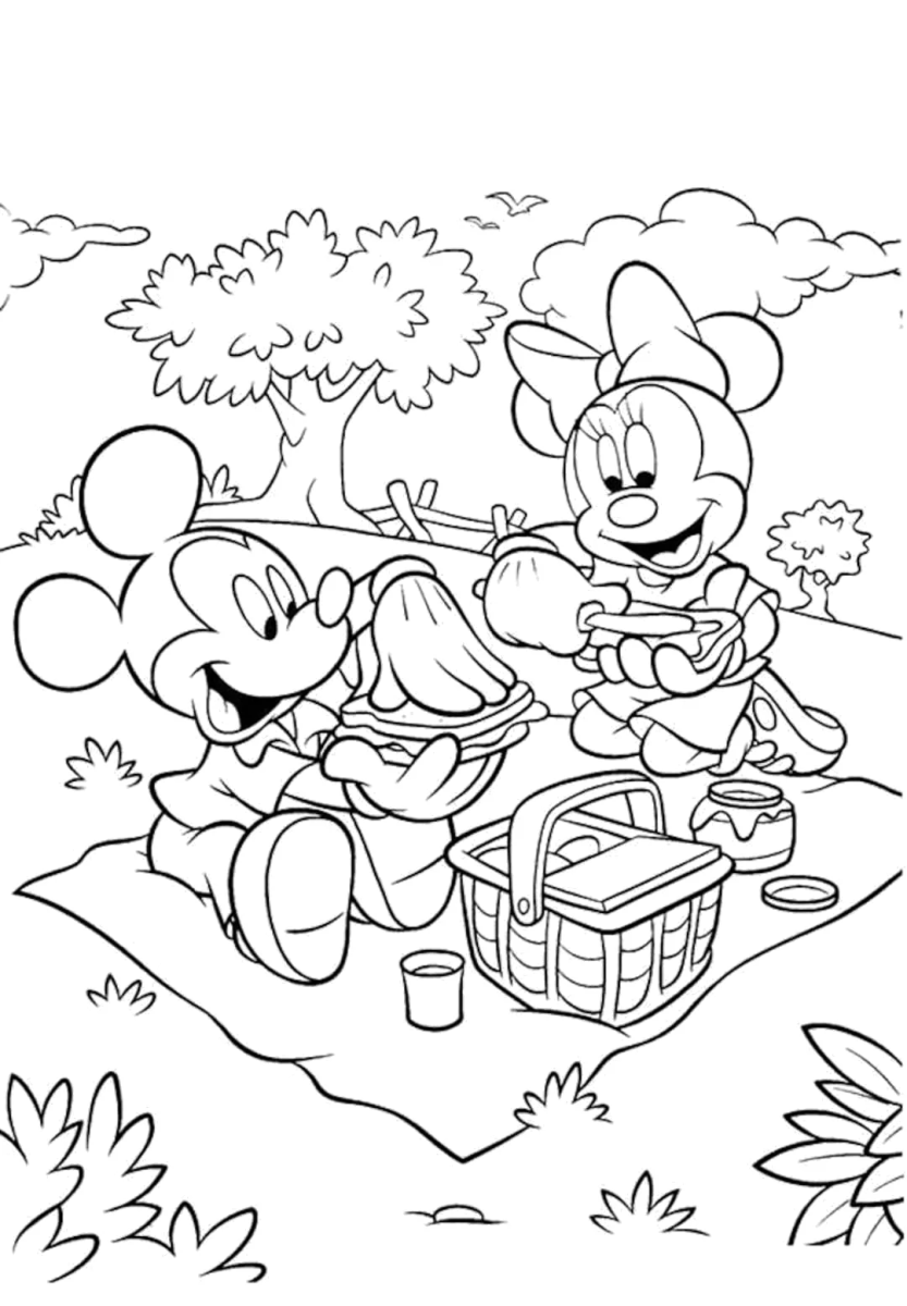 Desenho de Mickey e Minnie fazendo piquenique para imprimir e colorir