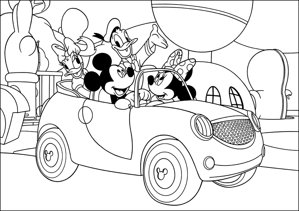 Desenho de Mickey e Minnie passeando de carro para imprimir e colorir