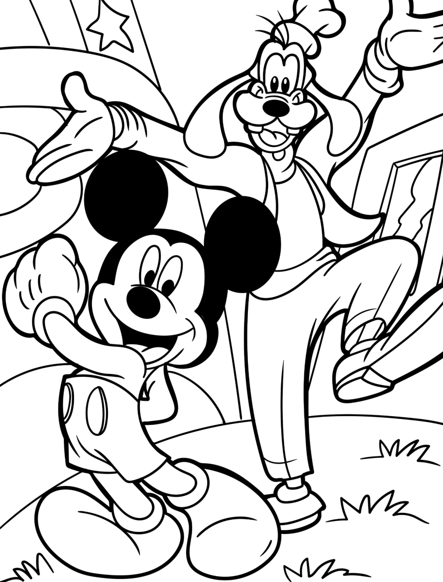 Desenho de Mickey e Pateta se divertindo para imprimir e colorir