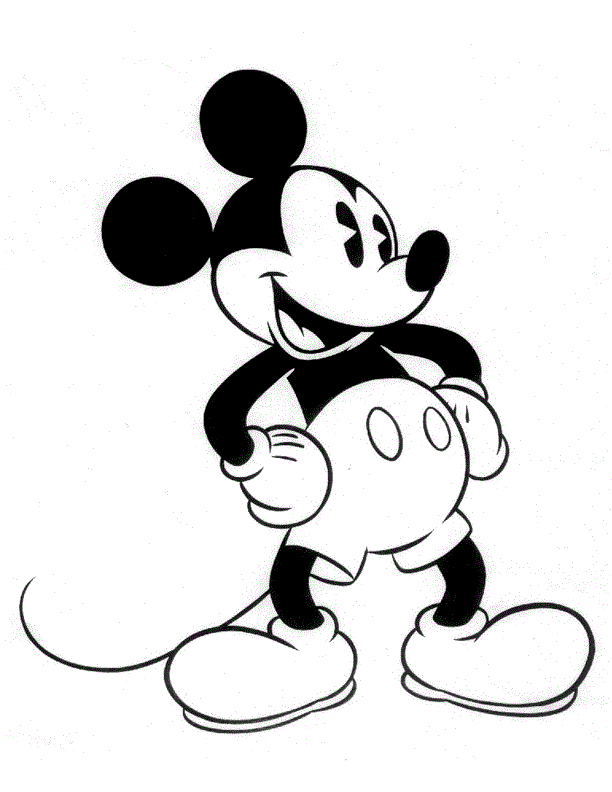 Desenho de Mickey em pé acenando para imprimir e colorir