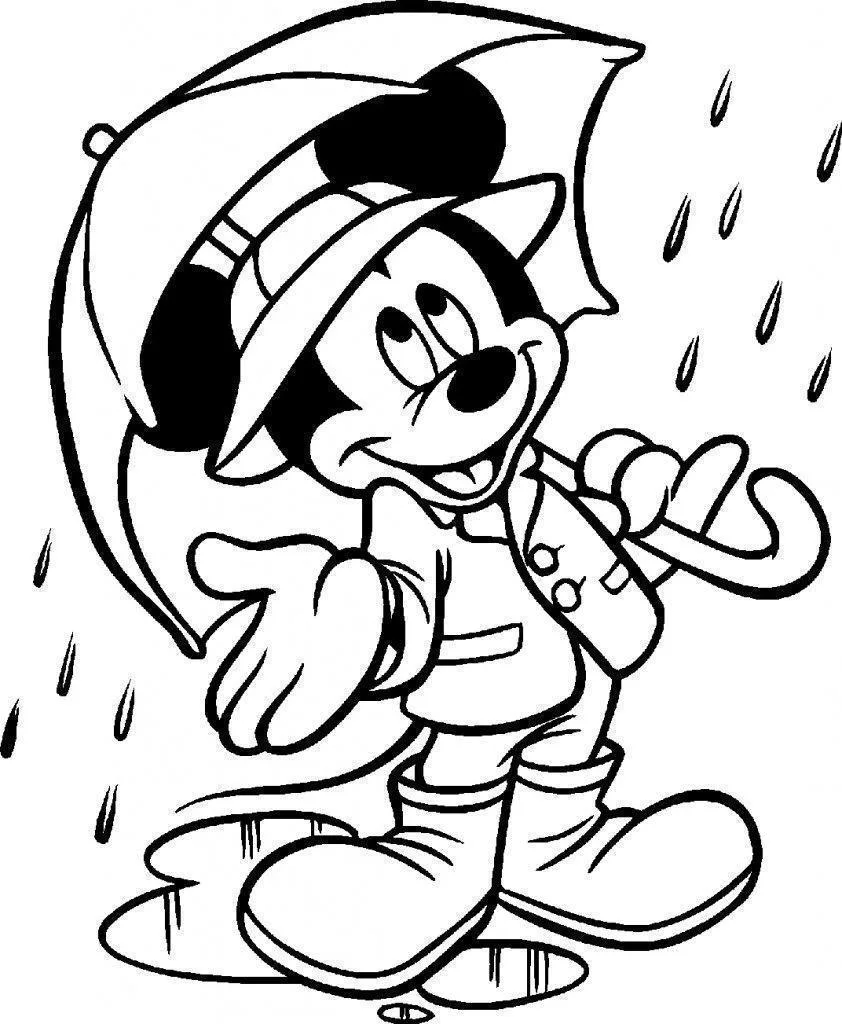 Desenho de Mickey na chuva com guarda-chuva e galochas para imprimir e colorir