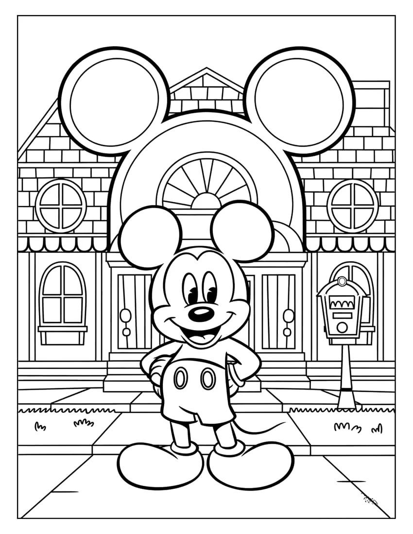 Desenho de Mickey na frente da sua casa para imprimir e colorir