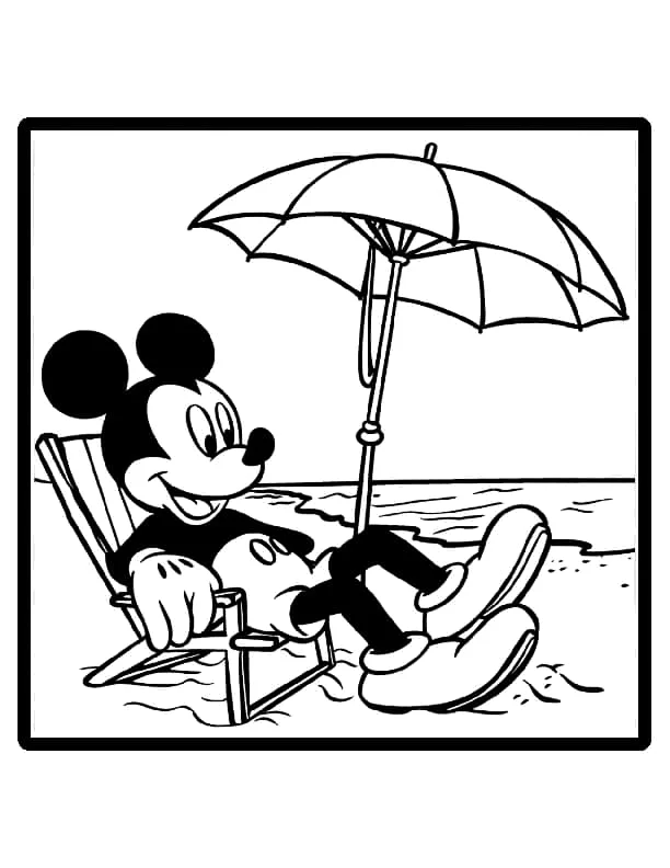 Desenho de Mickey na praia sob o guarda-sol para imprimir e colorir