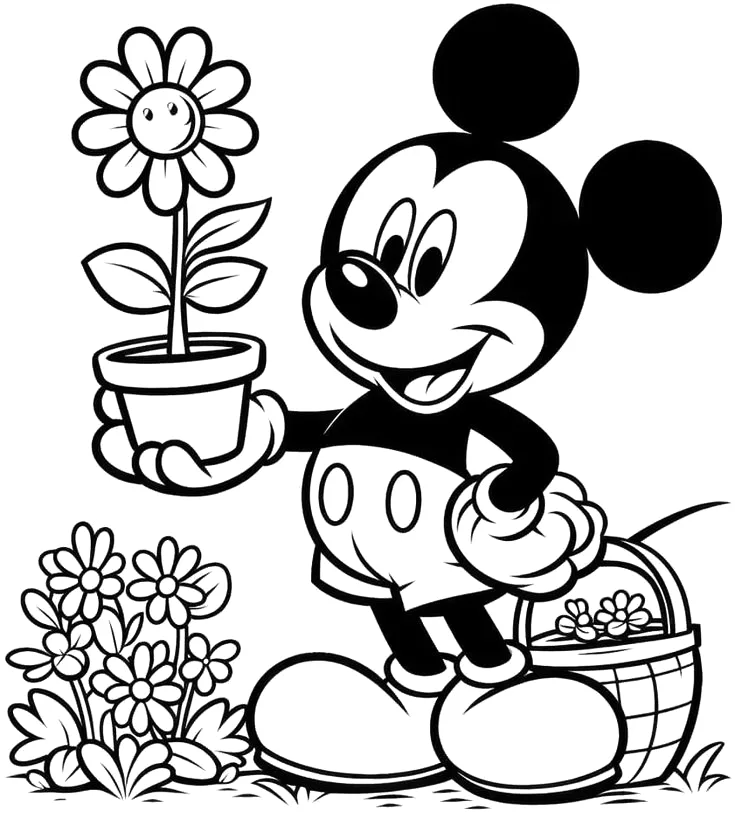 Desenho de Mickey regando um vaso de flor para imprimir e colorir