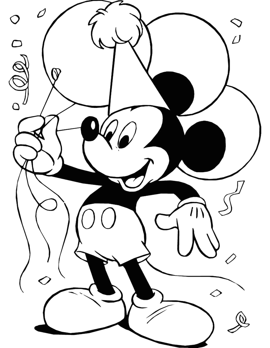 Desenho de Mickey segurando balões para imprimir e colorir
