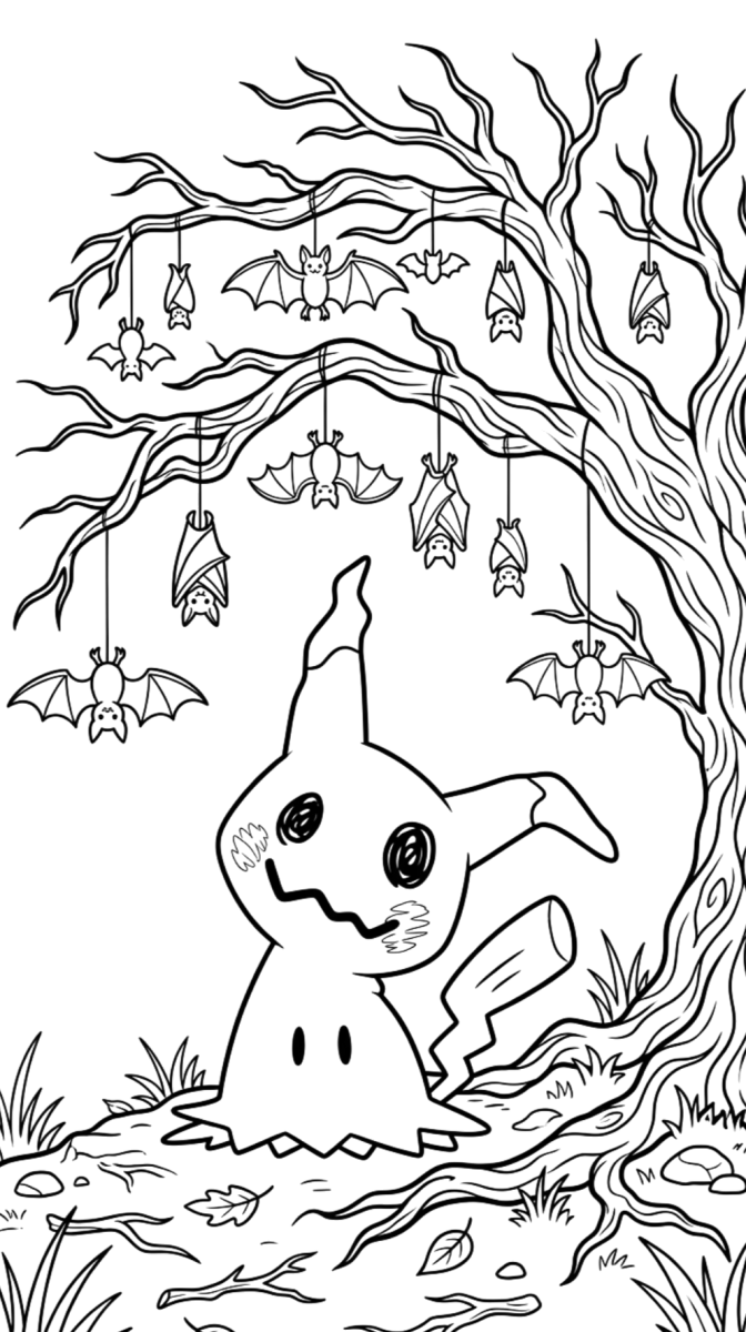 Desenho de Mimikyu debaixo da árvore para imprimir e colorir
