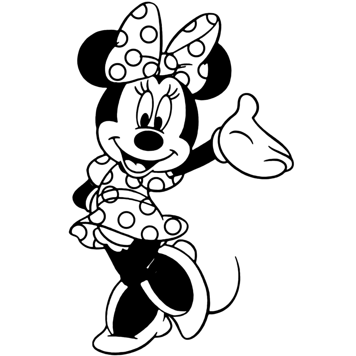 Desenho de Minnie acenando feliz para imprimir e colorir