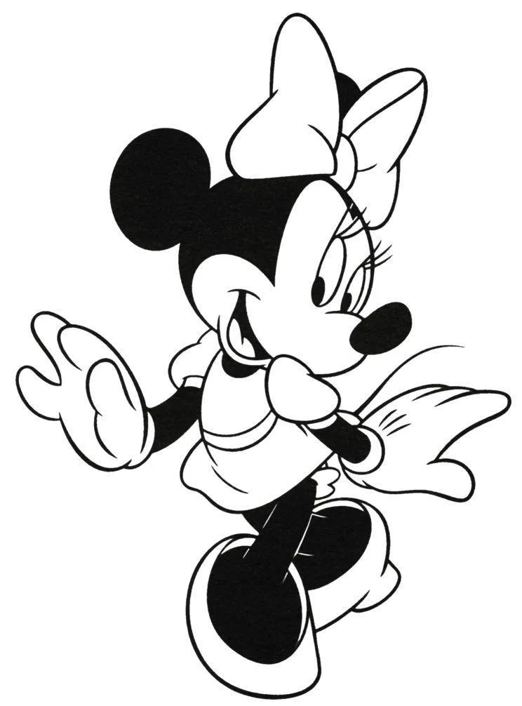 Desenho de Minnie clássica com laço de bolinhas para imprimir e colorir