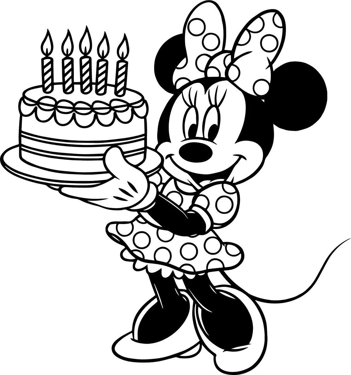 Desenho de Minnie com bolo de aniversário e velinhas para imprimir e colorir