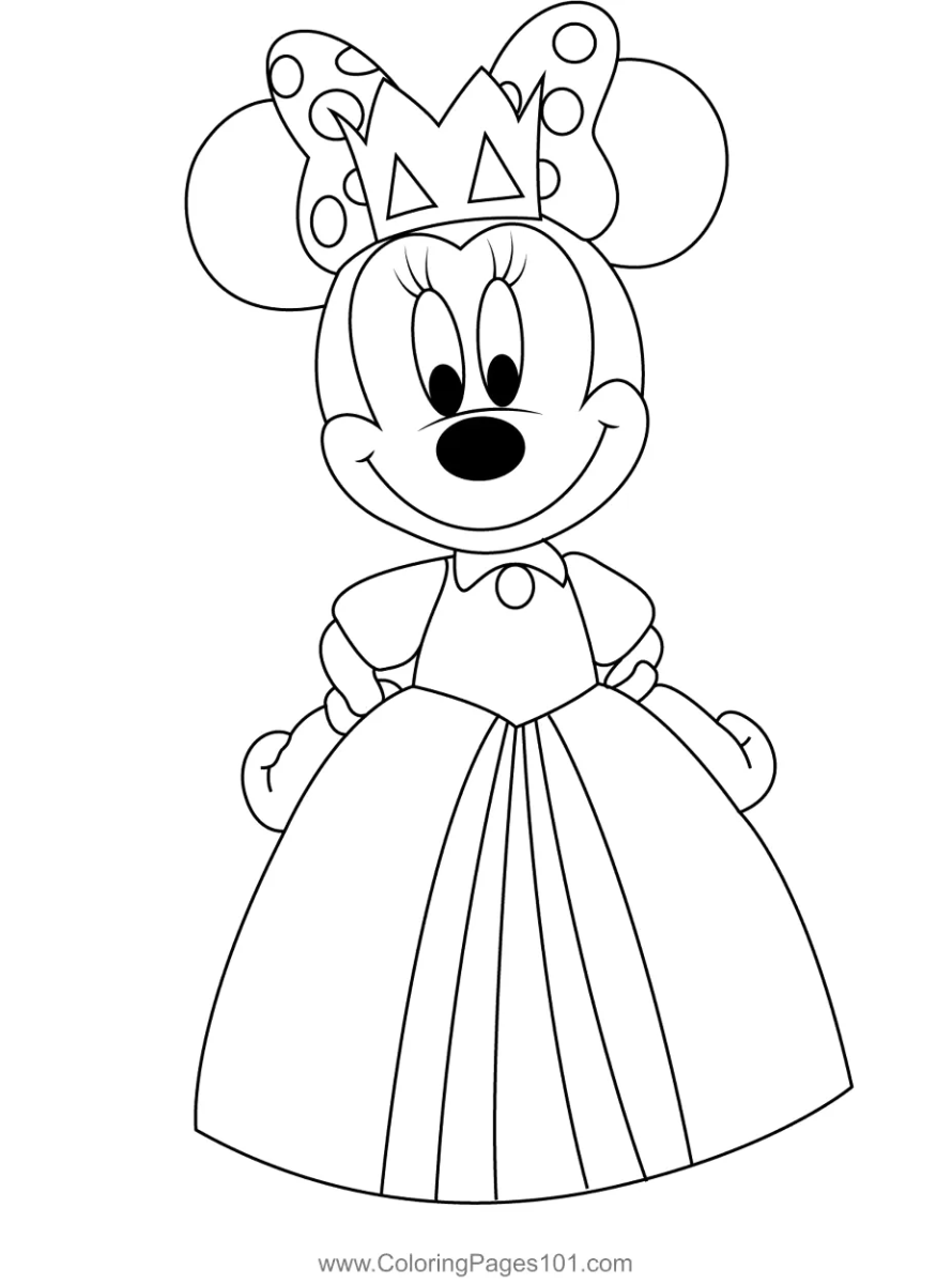 Desenho de Minnie com vestido longo de princesa para imprimir e colorir