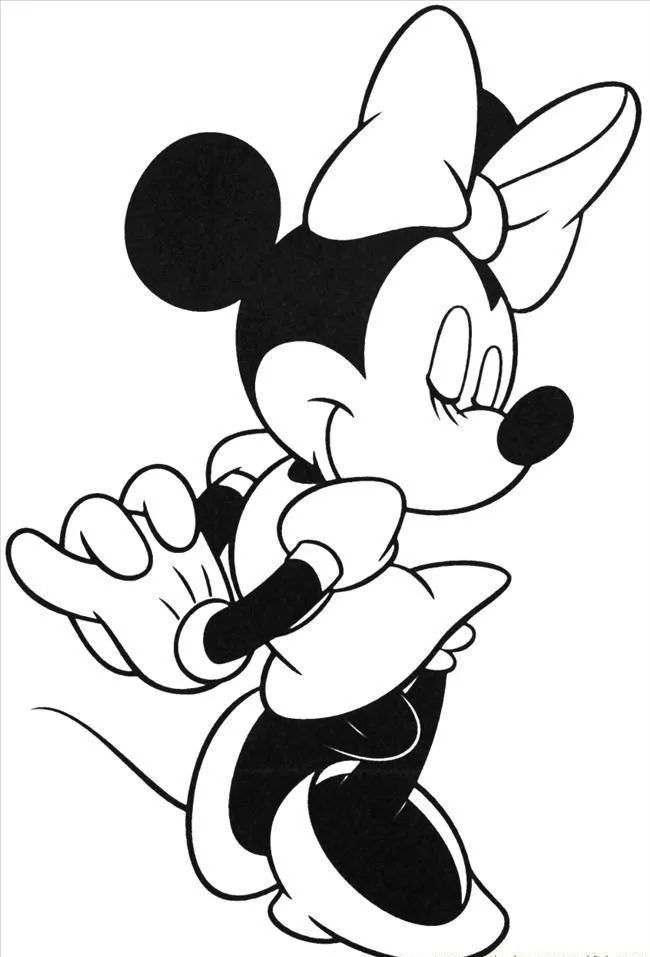 Desenho de Minnie de pé sorrindo com laço para imprimir e colorir