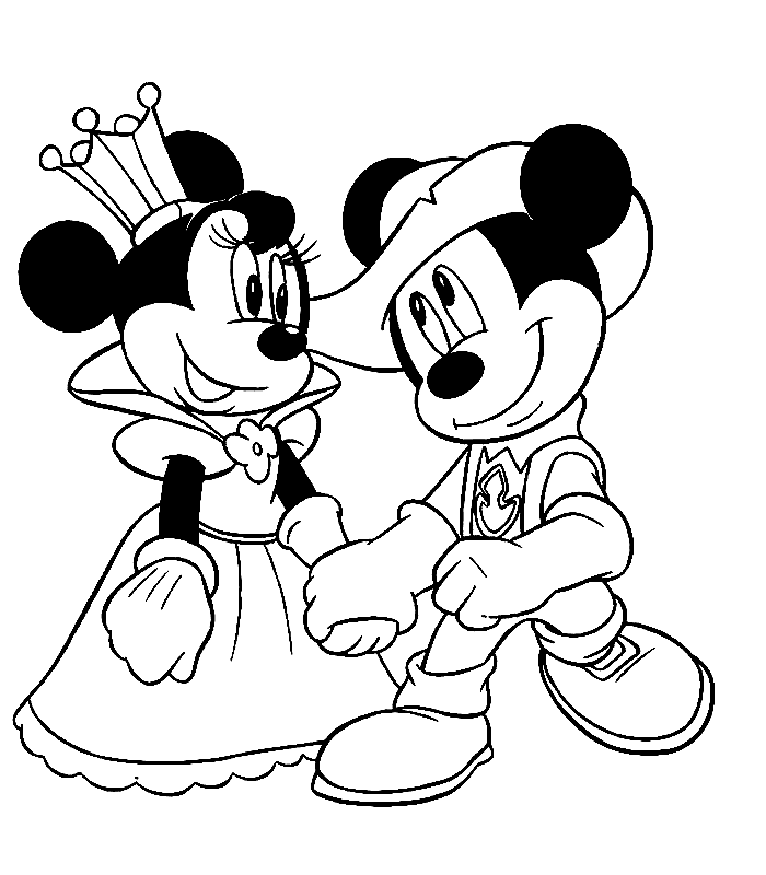 Desenho de Minnie e Mickey de mãos dadas para imprimir e colorir