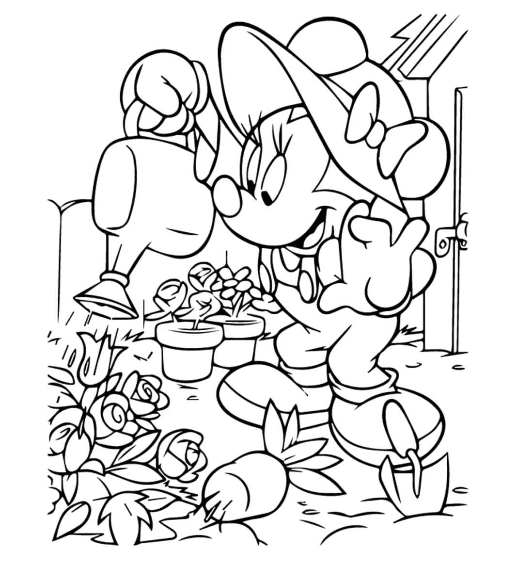 Desenho de Minnie e Mickey passeando no jardim de flores para imprimir e colorir