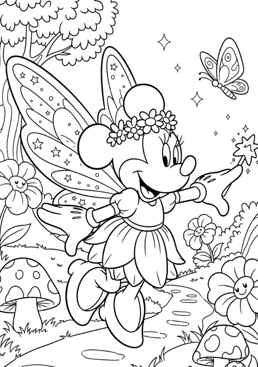 Desenho de Minnie fada com asas de borboleta para imprimir e colorir