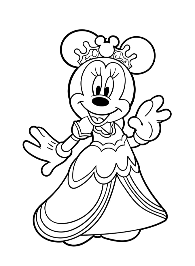 Desenho de Minnie princesa com vestido de festa para imprimir e colorir