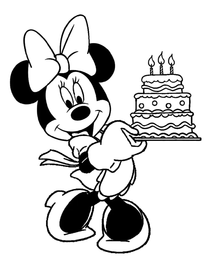 Desenho de Minnie segurando um bolo de festa para imprimir e colorir