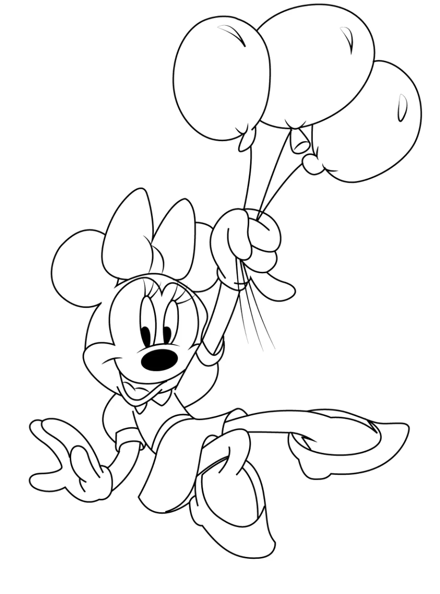 Desenho de Minnie voando com balões para imprimir e colorir