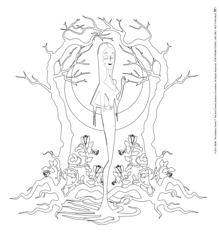 Desenho de Morticia entre galhos secos para imprimir e colorir