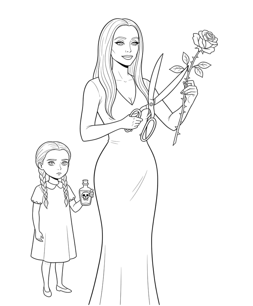 Desenho de Morticia segurando uma rosa para imprimir e colorir