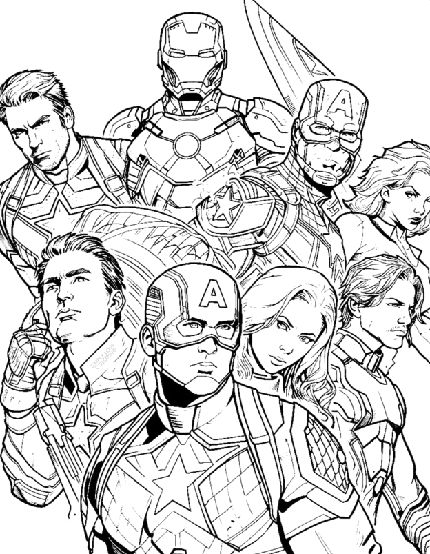 Desenho de Os Vingadores lado a lado prontos para a missão para imprimir e colorir