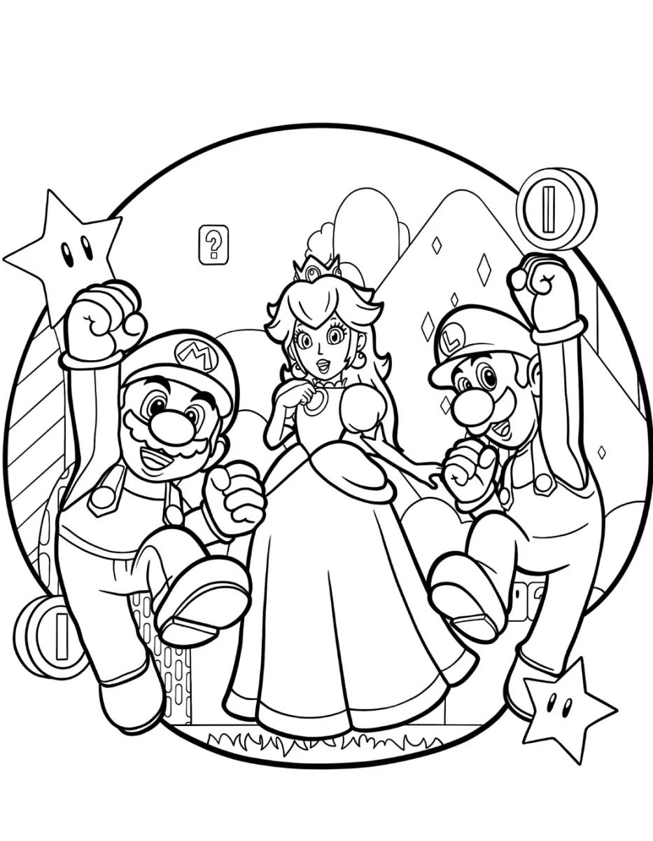 Desenho de Peach, Mario, Luigi e Toad para imprimir e colorir