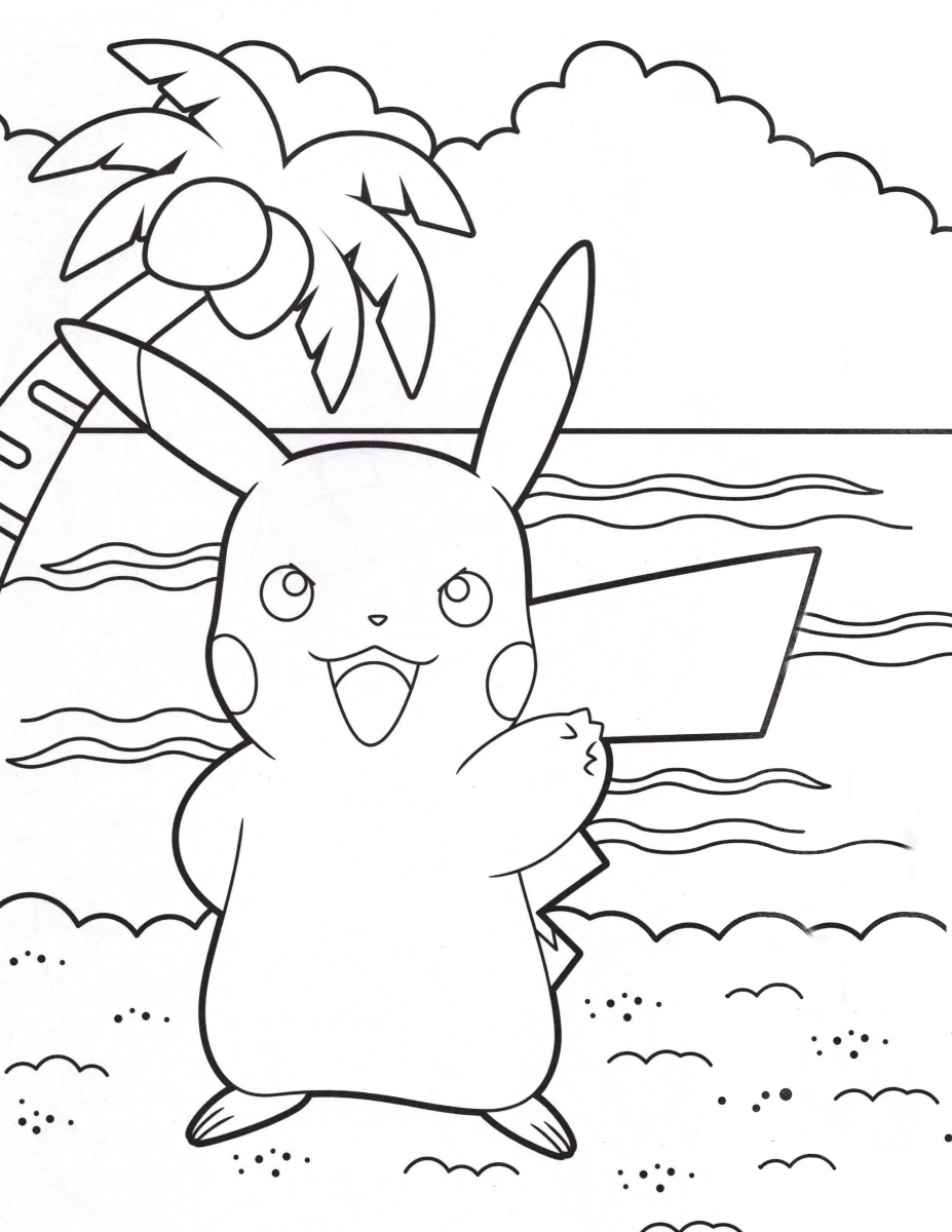 Desenho de Pikachu de férias na praia para imprimir e colorir