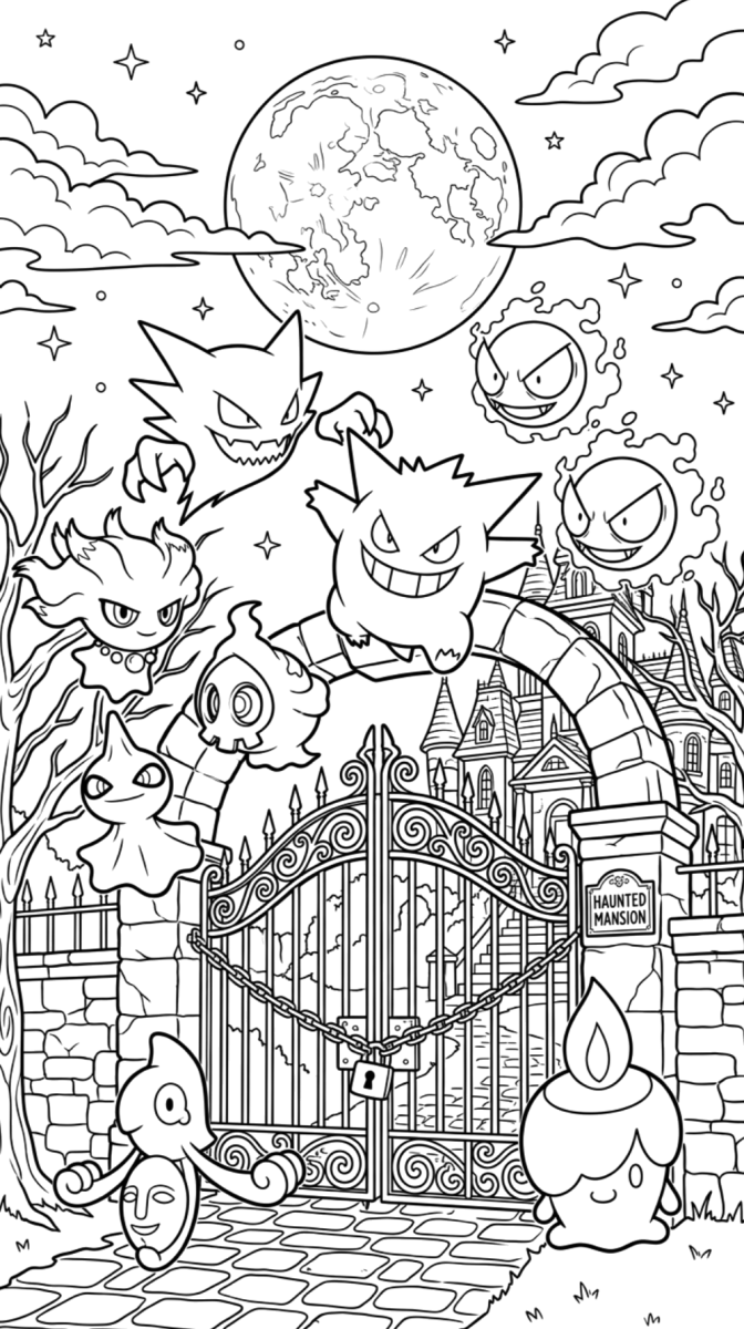 Desenho de Pokémon no jardim ao luar para imprimir e colorir