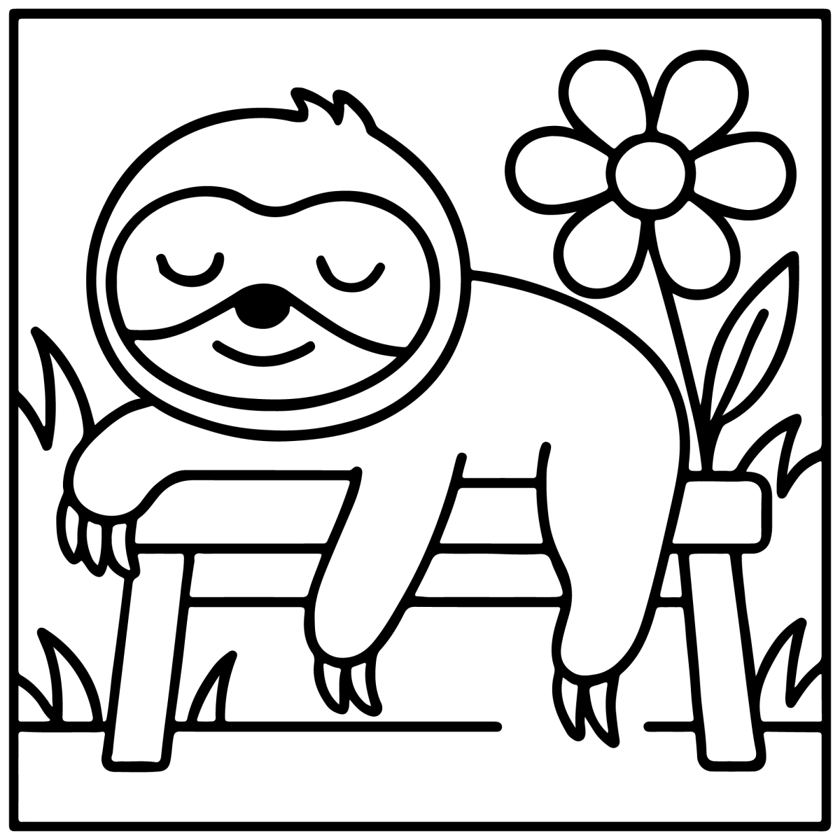 Desenho de Preguiça descansando no banco do jardim para imprimir e colorir