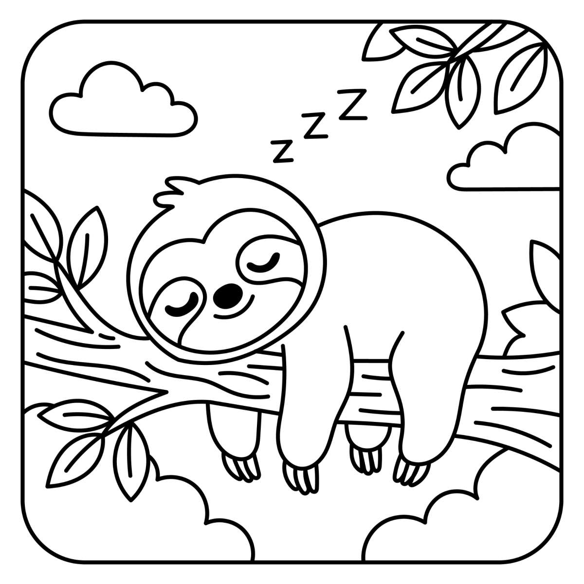 Desenho de Preguiça dormindo no galho entre nuvens para imprimir e colorir