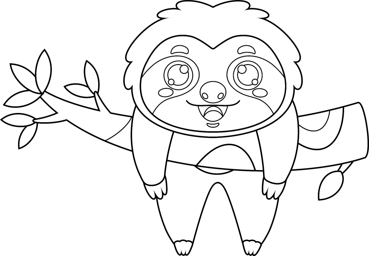 Desenho de Preguiça equilibrada no galho para imprimir e colorir
