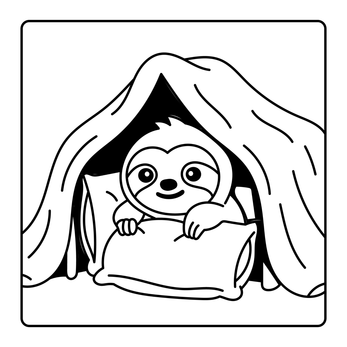 Desenho de Preguiça na cabaninha de cobertor para imprimir e colorir