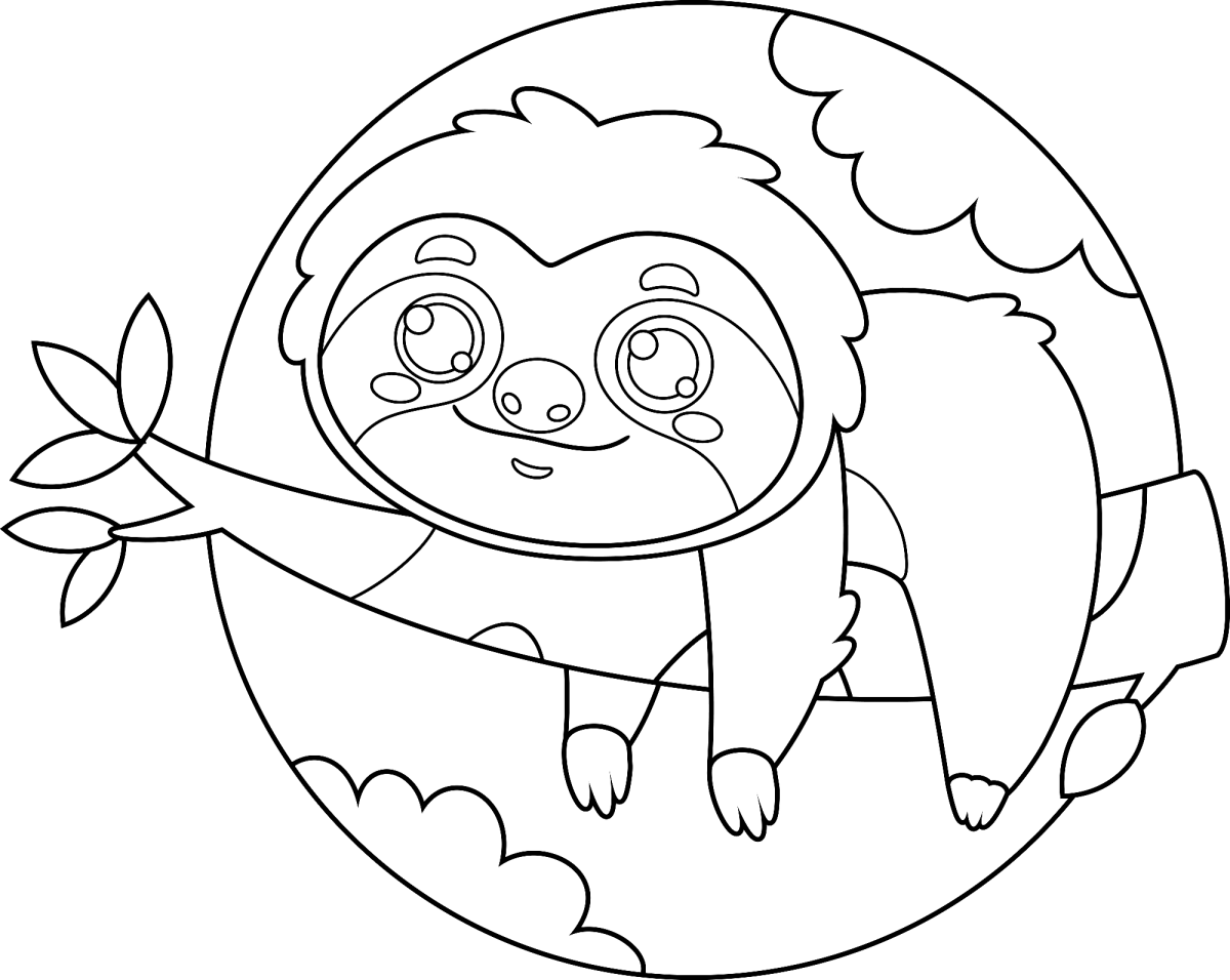 Desenho de Preguiça no galho dentro do círculo para imprimir e colorir