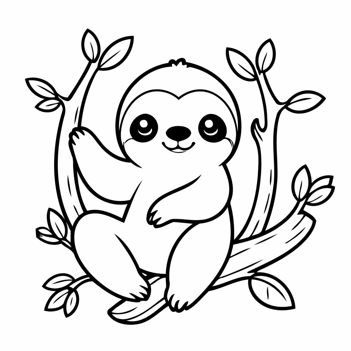 Desenho de Preguiça sentada no galho florido para imprimir e colorir