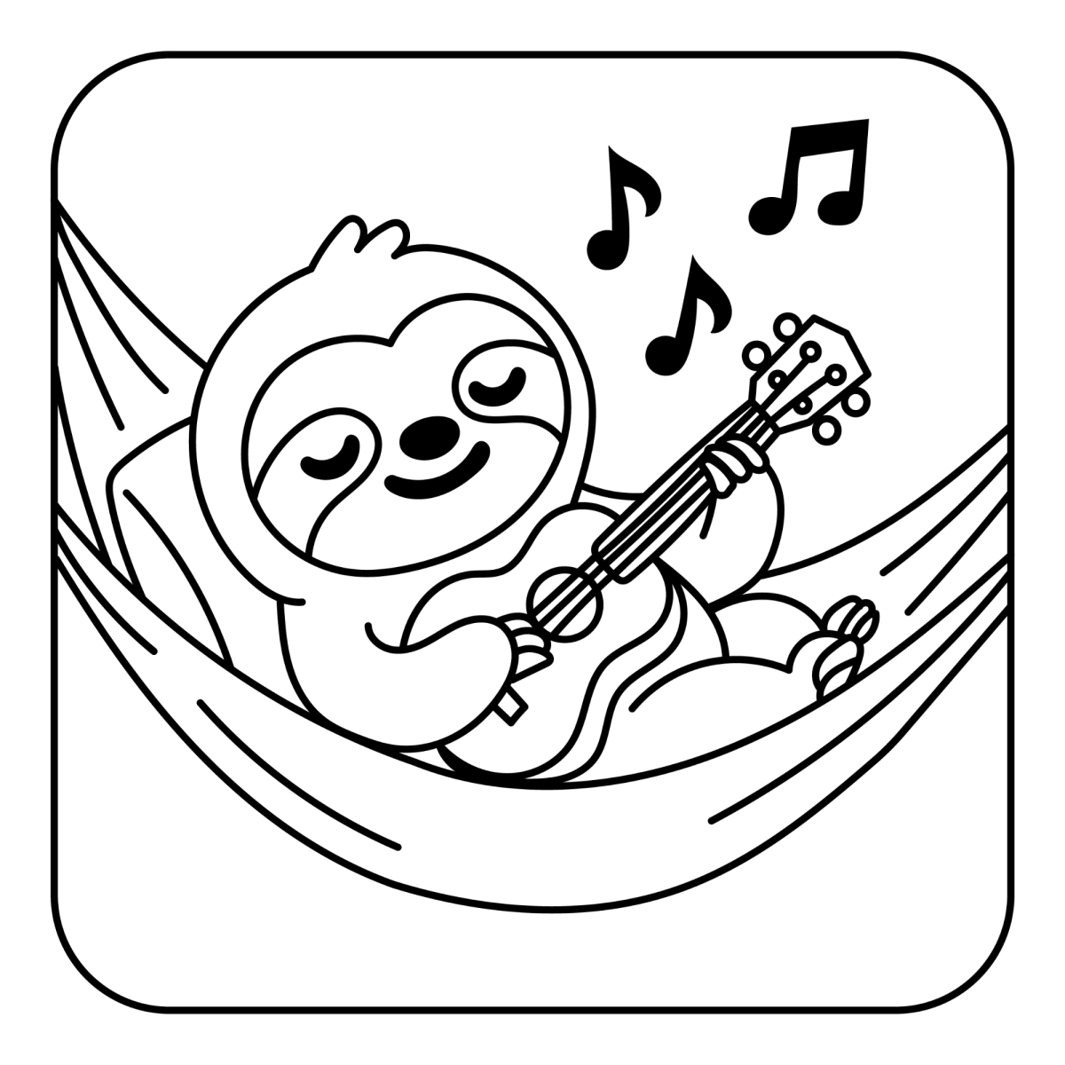 Desenho de Preguiça tocando violão na rede para imprimir e colorir