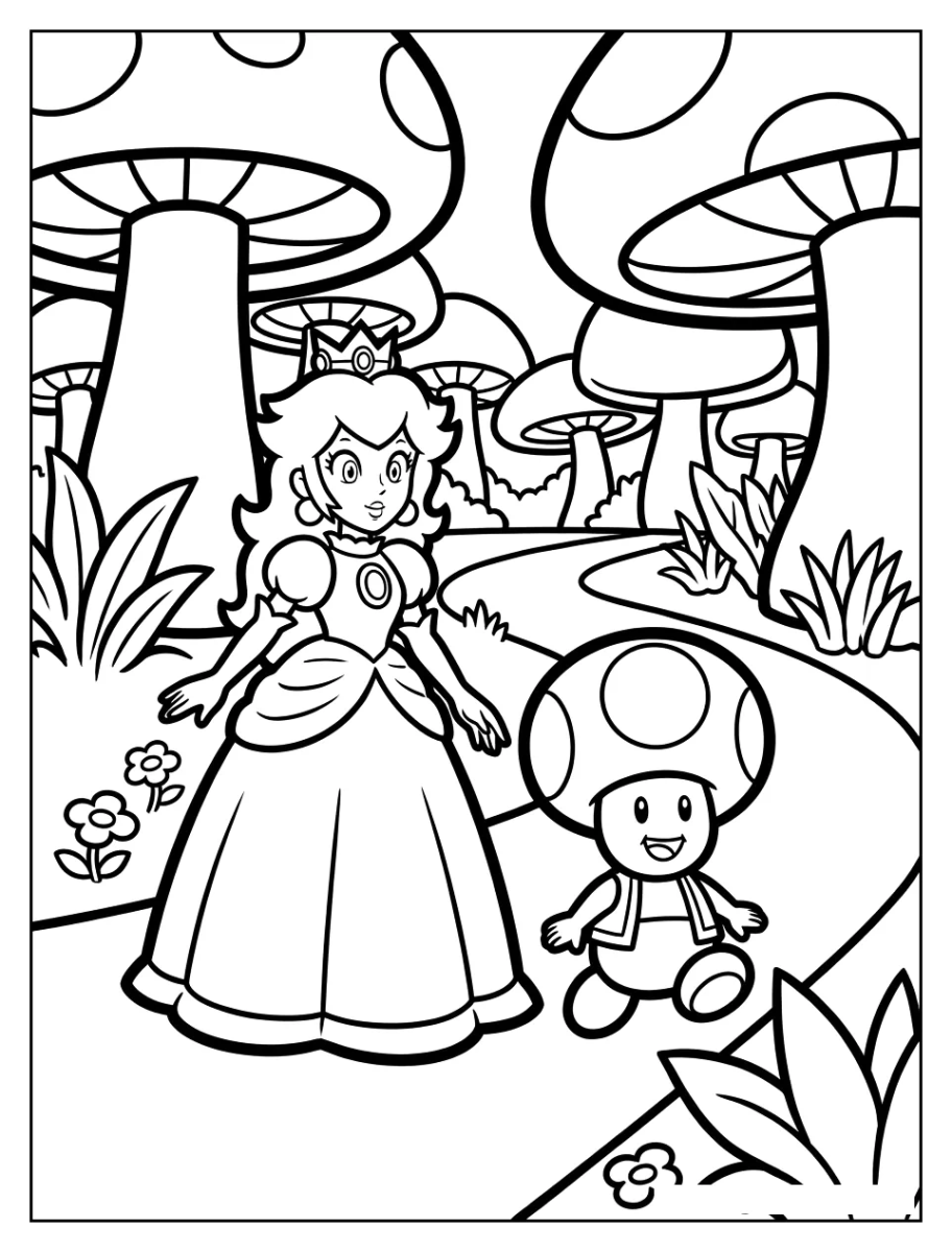 Desenho de Princesa Peach e Toad no Reino dos Cogumelos para imprimir e colorir