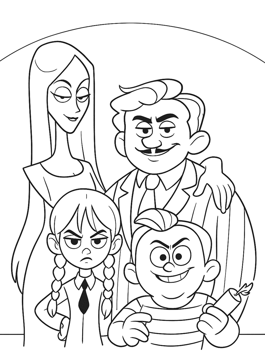 Desenho de Retrato da Família Addams para imprimir e colorir