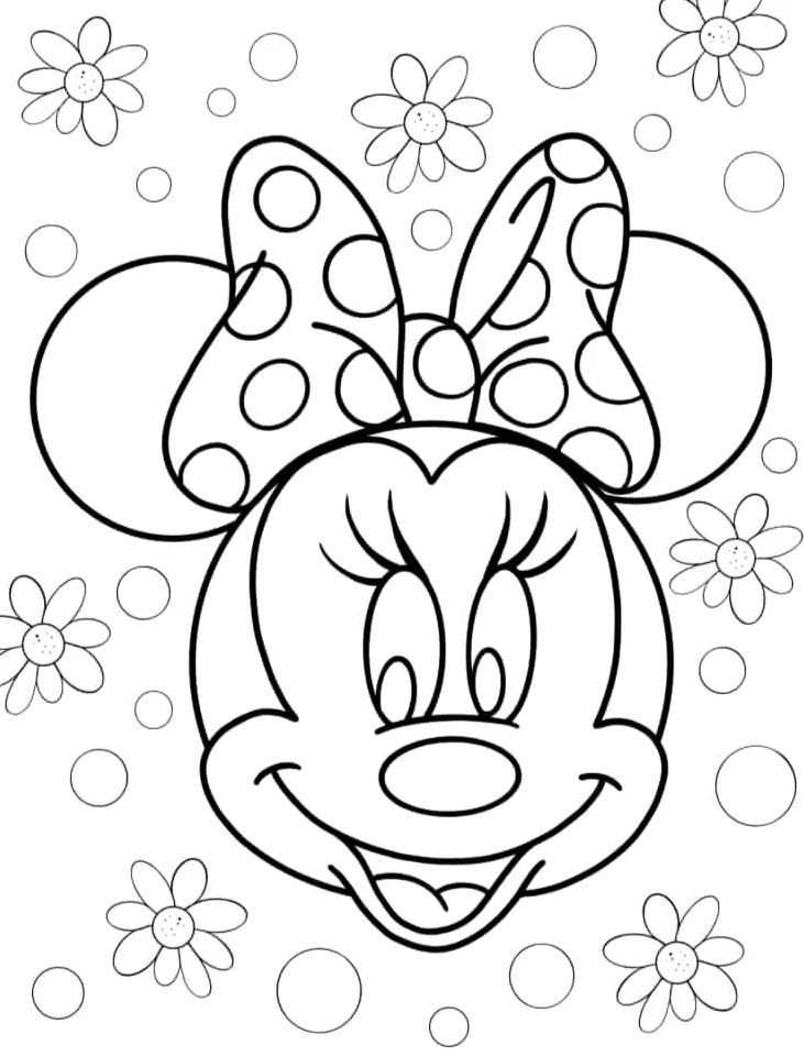 Desenho de Rosto da Minnie entre flores para imprimir e colorir