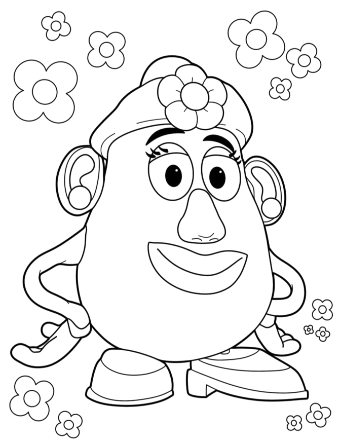 Desenho de Sra. Cabeça de Batata com flores para imprimir e colorir