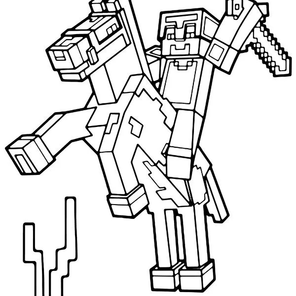 Desenho de Steve cavalgando com espada para imprimir e colorir
