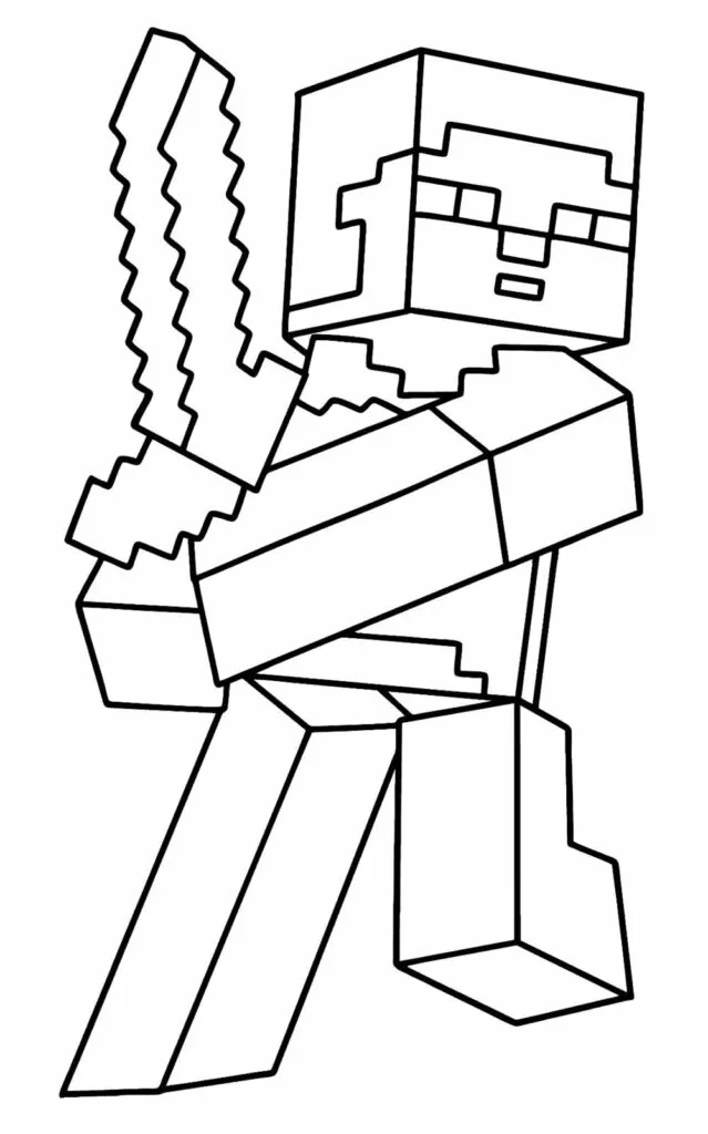 Desenho de Steve com espada erguida para imprimir e colorir