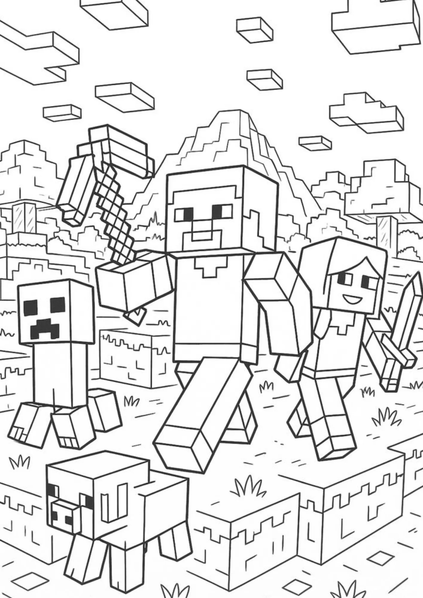 Desenho de Steve construindo com blocos para imprimir e colorir