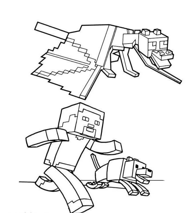 Desenho de Steve correndo com seu cavalo para imprimir e colorir